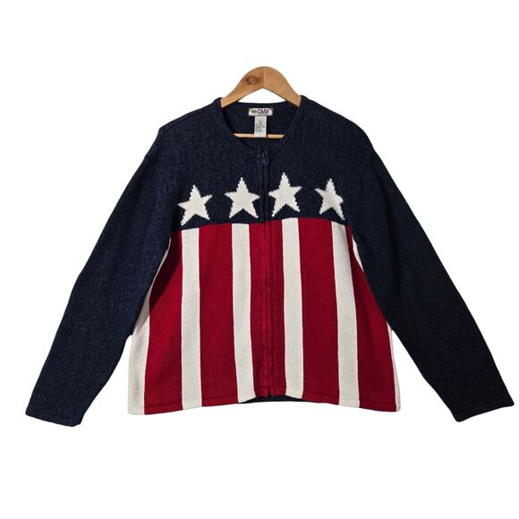 VTG Tiara International Cardigan Sweater sz L Red White Blue Zip Front Patriotic - Picture 1 of 13